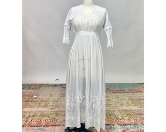 Antique Victorian Edwardian White Cotton Tea Dress  Floral Embroidery W/ Lace Wounded Bird AS IS