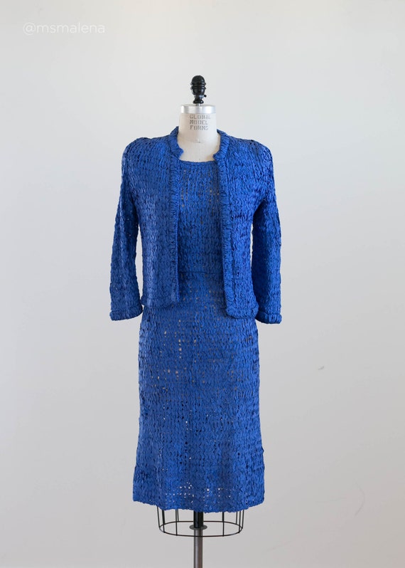 Vintage 1950s Ribbon Knit Cobalt Blue Dress With Matching Jacket Etsy Ireland
