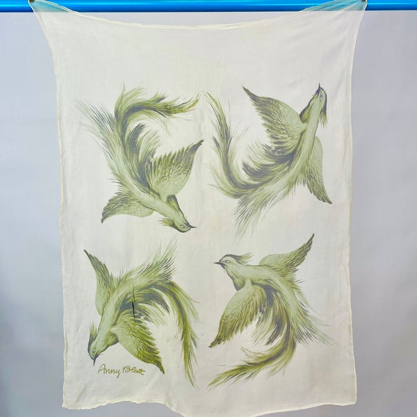 Designer Vintage Amy Blatt Signed Bird Scarf Silk Crepe Chiffon Green Novelty Scarves scarf