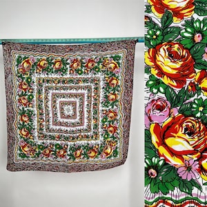 Vintage 1960s Abstract Multi-colored Floral Geometric Silk Scarf with Flowers and Hand-Stitched Edges, Green, Yellow, Orange, Pink