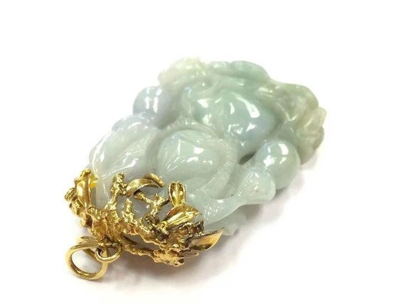 Large pale green floral carved jade pendant with … - image 7