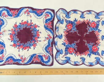 Vintage 1940s Pair of Two Floral novelty Print hankie Handkerchief Hanky Cotton Pink and Blue Roses Scalloped Edges