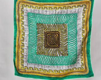 Vintage Abstract Psychedelic Silk Scarf Novelty Print Green Yellow Black AS IS