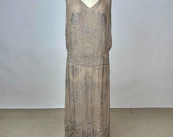 Antique Vintage 1920s Beige Silk Chiffon Dress w/ Ornate Art Deco Beadwork AS IS Flapper Great Gatsby Wounded Bird
