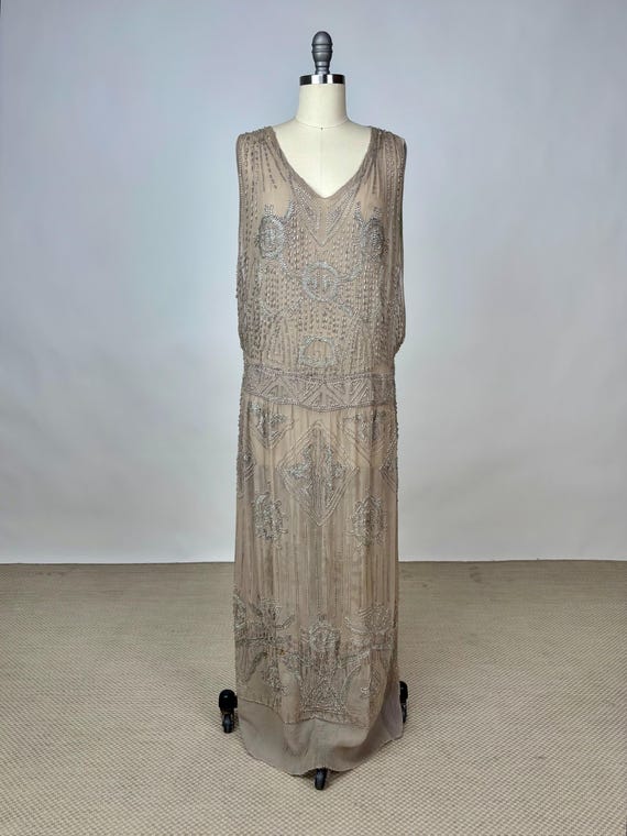 sachin and babi light blue dress Antique Vintage 1920s Beige Silk Chiffon Dress W/ Ornate Art Deco Beadwork  AS IS Flapper Great Gatsby Wounded Bird