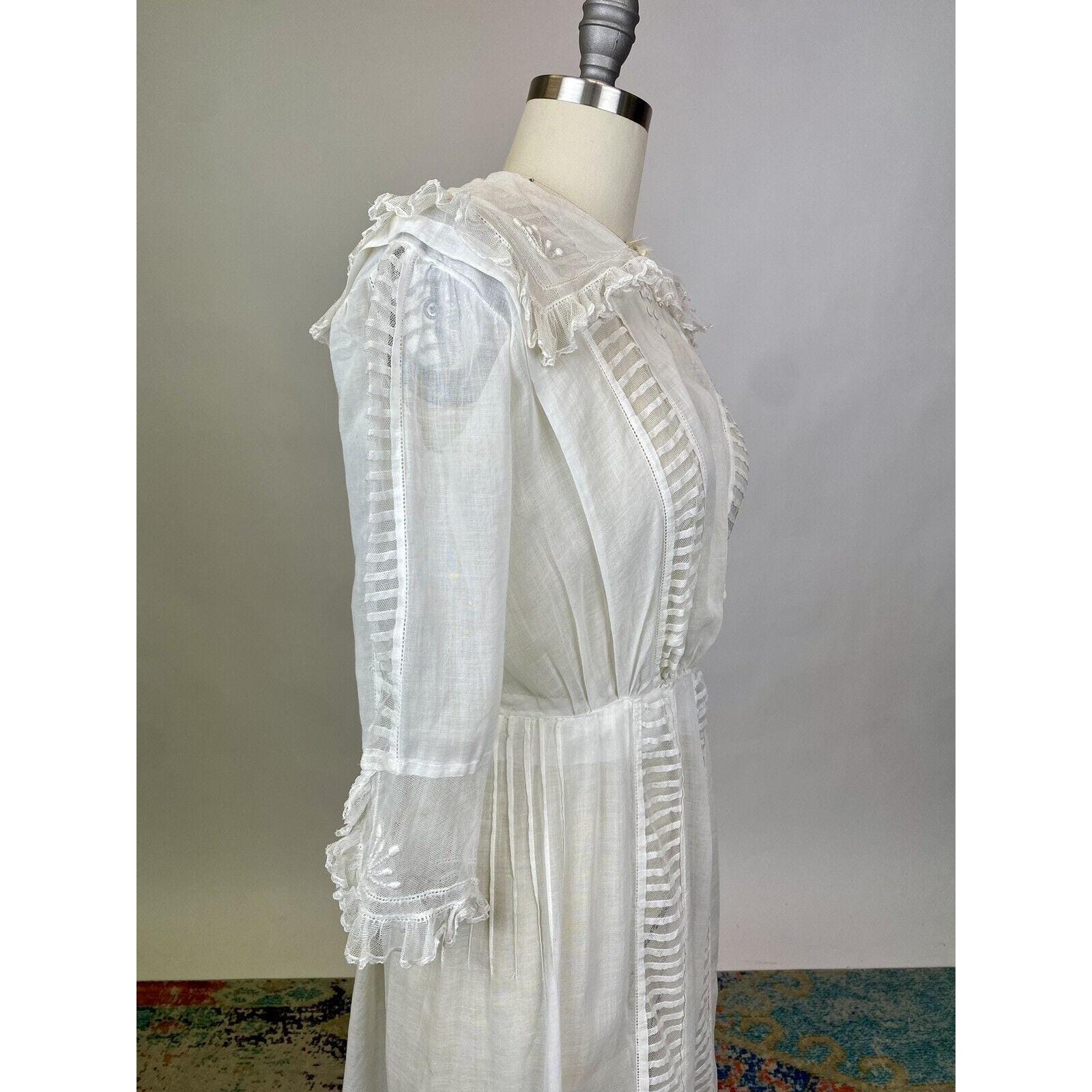 Antique Edwardian White Cotton Dress With Embroidery Details