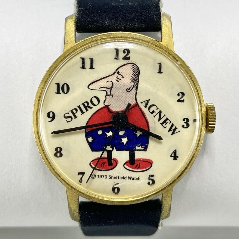 Reloj de pulsera Sheffield Spiro Agnew vintage de 1970, movimiento mecánico, correa azul oscuro. imagen 4