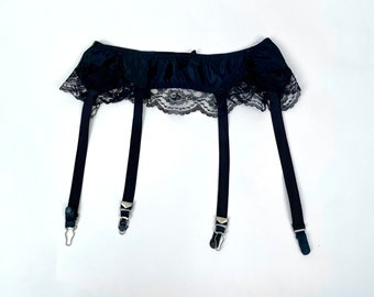 Vintage 1970s Garter Belt Black Satin Acetate with Black Floral Lace Trim Elastic Waist Adjustable Loop and Button