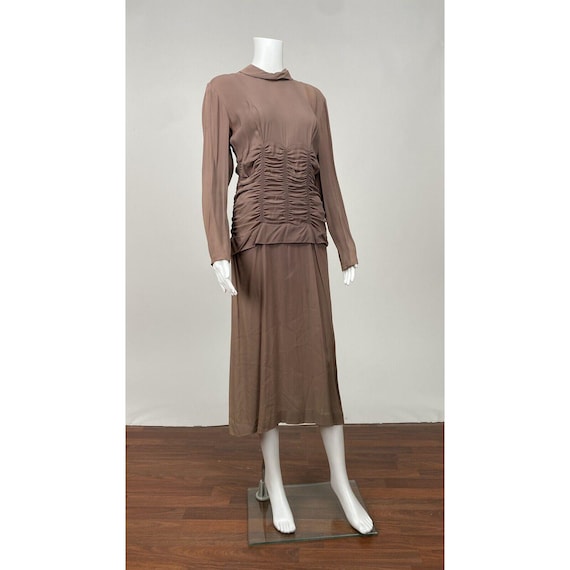 Antique Vintage 1930s 1940s Brown Rayon Dress Rouched Waistline Long Sleeve AS IS Wounded Bird