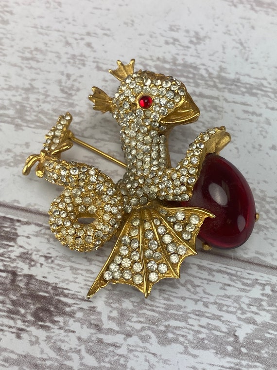 Kenneth Jay Lane Rare Gold Tone Rhinestone Dragon Clutching Egg
