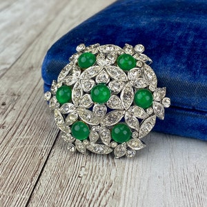 Capri Green Cabochon and Clear Rhinestone Brooch or Pin Vintage 1960s Floral Figure