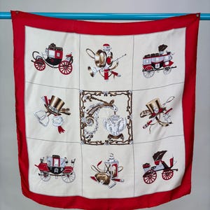 Vintage Novelty Equestrian Carriage Fox Hunt Printed Scarf Red brown