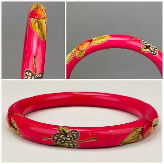 Vintage 1940s Pink Bangle with Carved and Hand Pa… - image 1