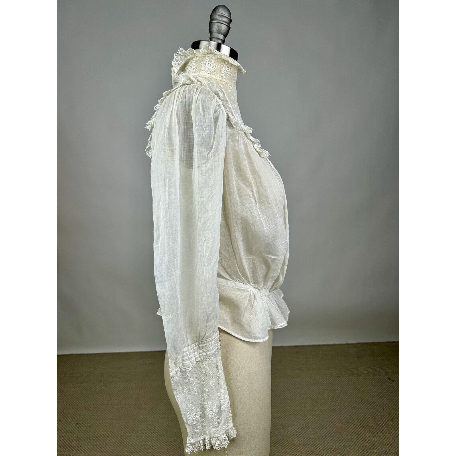 Antique Edwardian White Cotton Embroidered Lace Blouse High Neck ...