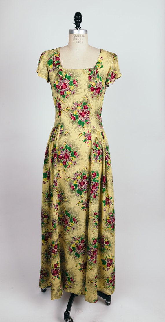 SALE Vintage 1940s Floral Thatched Yellow Full Length Rayon Semi Shear Day Dress or Evening Gown WWII Era Style Great Depression Pin Up SALE Vintage 1940s Floral Thatched Yellow Full Length Rayon Semi Shear Day Dress or Evening Gown WWII Era Style Great Depression Pin Up