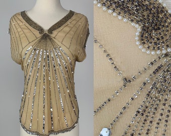 Vintage 1980s does 20s elegant beaded cream top, pure silk, art deco design, silver tone beads and sequins, faux pearl beads