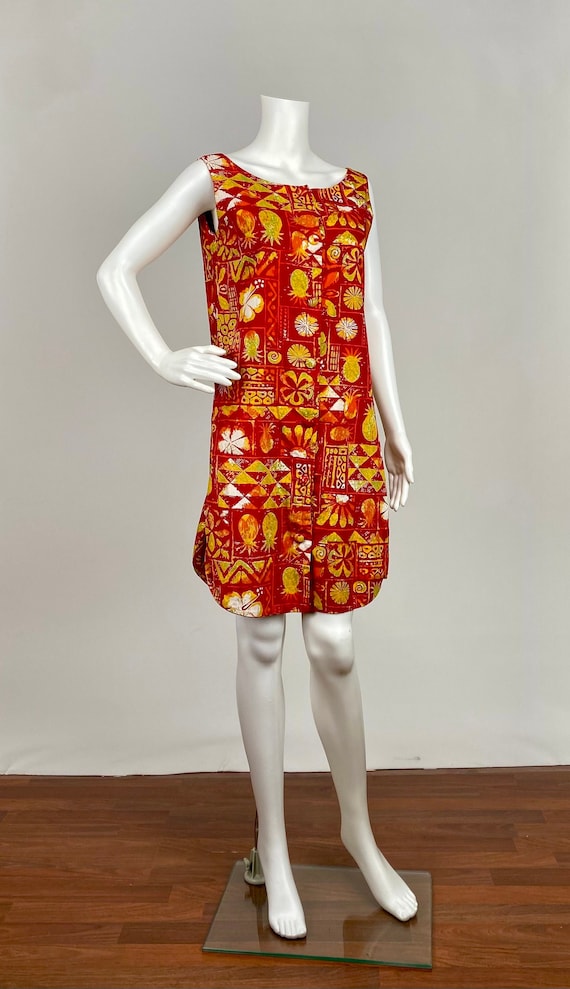 Alfred Shaheen Red Orange Lime Yellow Printed Cot… - image 2