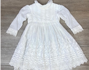 Antique Victorian Baby Doll White Cotton Dress Eyelet Lace Embroidery