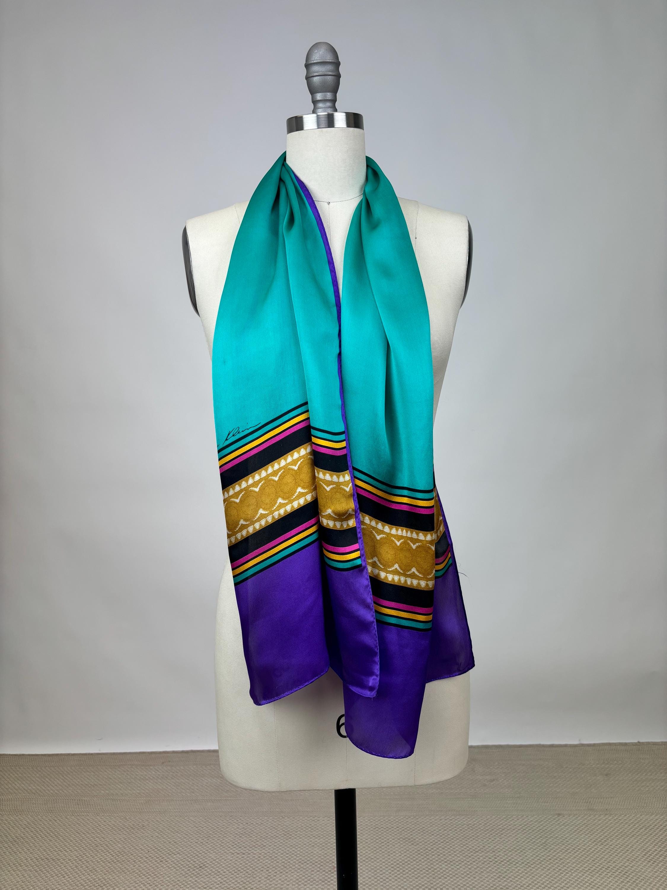 Vintage 1970s Anne Klein Silk Scarf Oblong with Hand Rolled Hems Purple, Teal, Gold, Pink