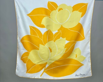 Vintage Jean Dessès Silk Scarf with large Yellow Flower Print White Background Made in France