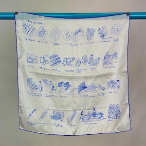 Vintage Novelty Print Story of Silk Scarf Illustrated History of Silk Making Process White Blue
