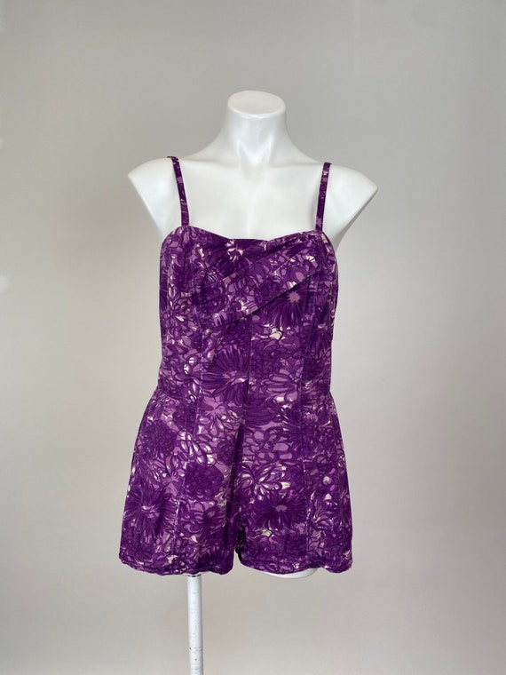 Authentic Vintage 1950s one piece Designer Catalina Cotton Purple Floral Bathing Suit Swim Suit Pin up photo shoot Great size