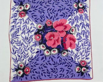 Pink and Purple Floral Hanky Hankie Handkerchief Flowers 1950s Cotton