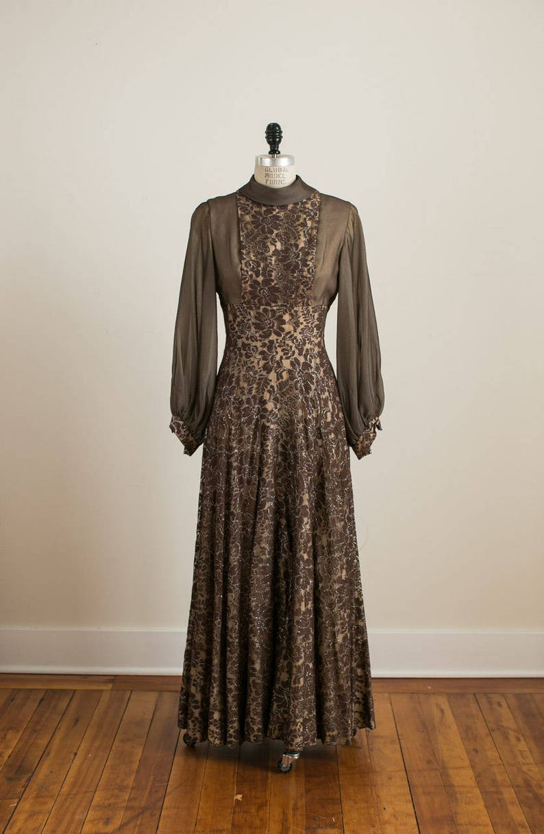 Vintage brown lace gown with woven silver thread high neck Etsy