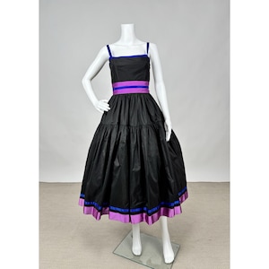 Vintage 1980s Oscar de la Renta Black Silk Ball Gown with Blue Purple Trim Matching Belt Designer Dress