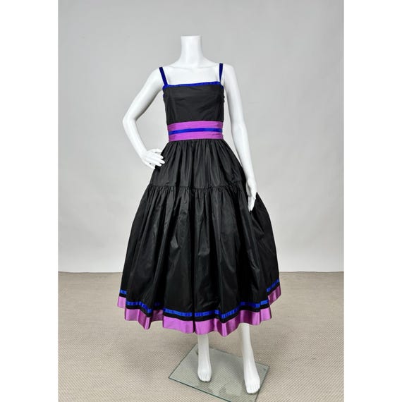 Vintage 1980s Oscar de la Renta Black Silk Ball Gown with Blue Purple Trim Matching Belt Designer Dress Vintage 1980s Oscar de la Renta Black Silk Ball Gown with Blue Purple Trim Matching Belt Designer Dress