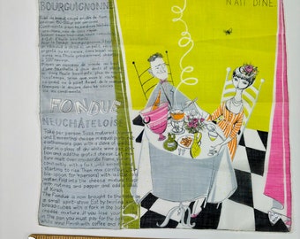 Vintage 1960s Nelo's Fondue Recipe in French novelty hankie Handkerchief Hanky Couple Eating Fondue Original Foil