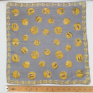 Vintage 1950s Mid-Century Ancient Greek Roman Coin Cotton Novelty Hankie Handkerchief Hanky Yellow Grey