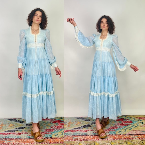 Vintage 1970s Baby Blue Dress Boho Full Length Gown With
