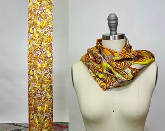 Vintage 1960s Psychedelic Print Scarf Twill Stole Yellow Mint Green Orange and Gray Abstract Swirls Symphony Scarfs