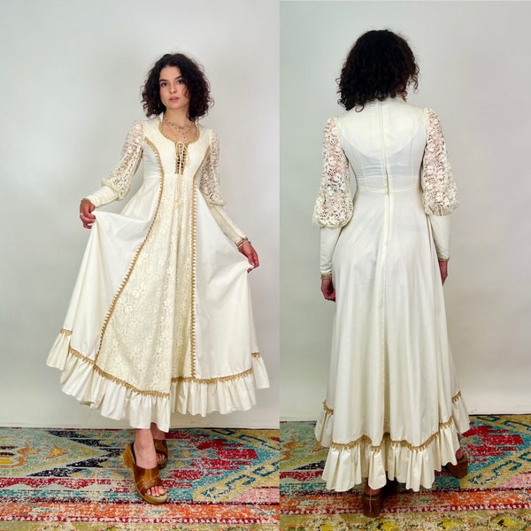 Vintage 1970s Gunne Sax White Cotton Dress Boho Wedding Gown Prairie Dress Long Sleeve Full Length Crochet Panels and Twine Details