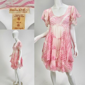 Vintage Designer Zandra Rhodes London silk painted flowing bubble hem mini dress with empire waist image 1