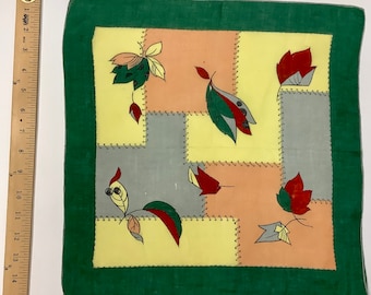 Unusual Vintage Retro 1940s Novelty leaf, quilting, fall colors Hankie Handkerchief Hanky Great textile gift