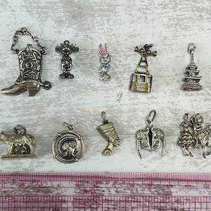 Assorted Vintage Sterling Silver Charms 925 Cowboy Boot Mickey Mouse Disney Bunny Rabbit Zugspitze Pagoda Romulus Remus Salsa Couple