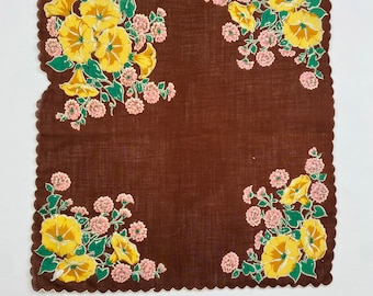 Yellow Trumpet and Pink Chrysanthemum Floral Bouquet Hanky Hankie Handkerchief Flowers Brown Background Scalloped Edges