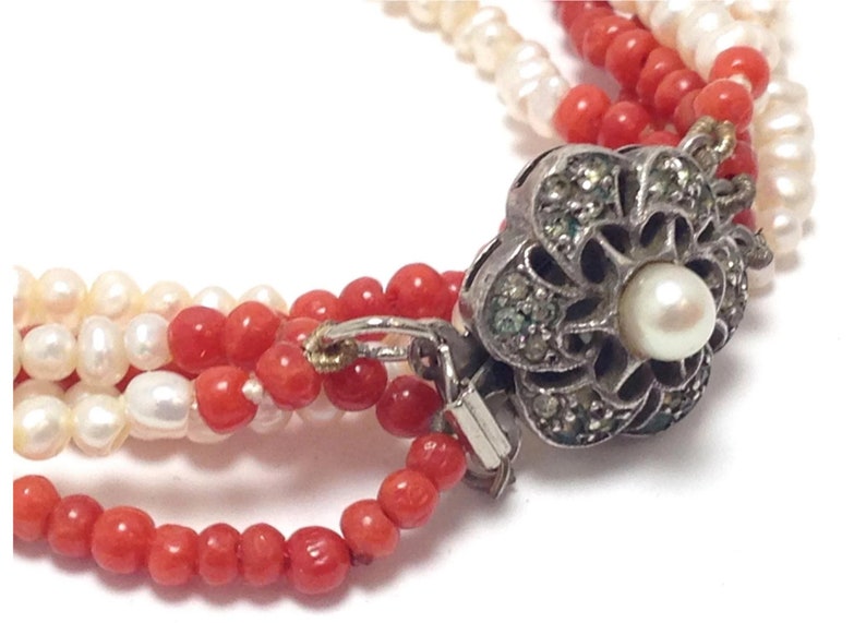 Vintage Multi Strand small pearl and red coral beaded necklace with silver Marcasite and Pearl clasp