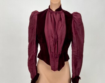 1860s Women's Antique Maroon dark red top, Bodice or Jacket Silk Velvet Long Sleeve Buttons Vintage Civil War Era As Is Condition