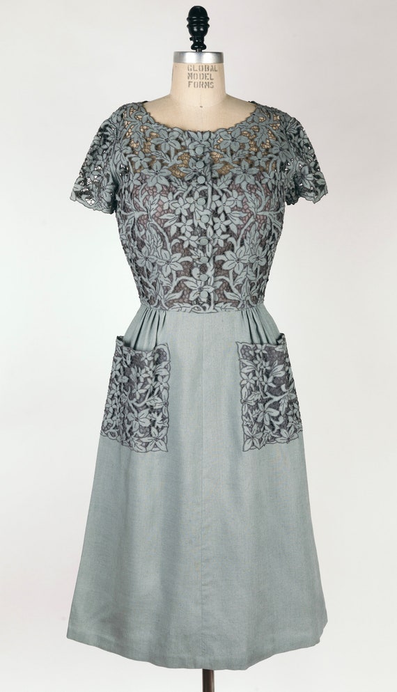 Vintage 1960s Mad Men Style Gray Blue Linen Cocktail Dress With Floral  Embroidered Cutwork Top and Adorable Statement Pockets - Etsy