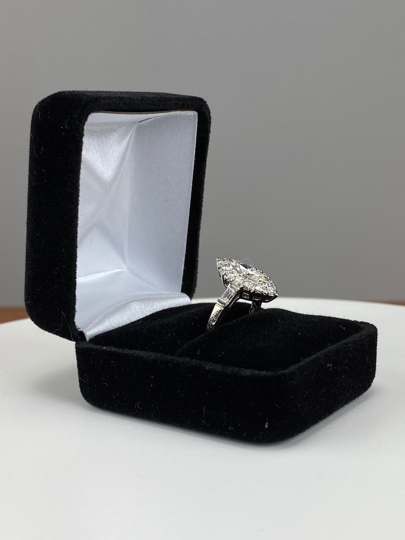 Estate Vintage Marquise brilliant cut diamond ring with round halo, baguette shoulders 14k white gold with appraisal, a engagement wedding image 4