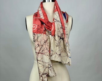 Vintage Art to Wear Batik Dyed Silk Scarf Abstract Flowers and Shapes Pink Blue Brown Rectangular