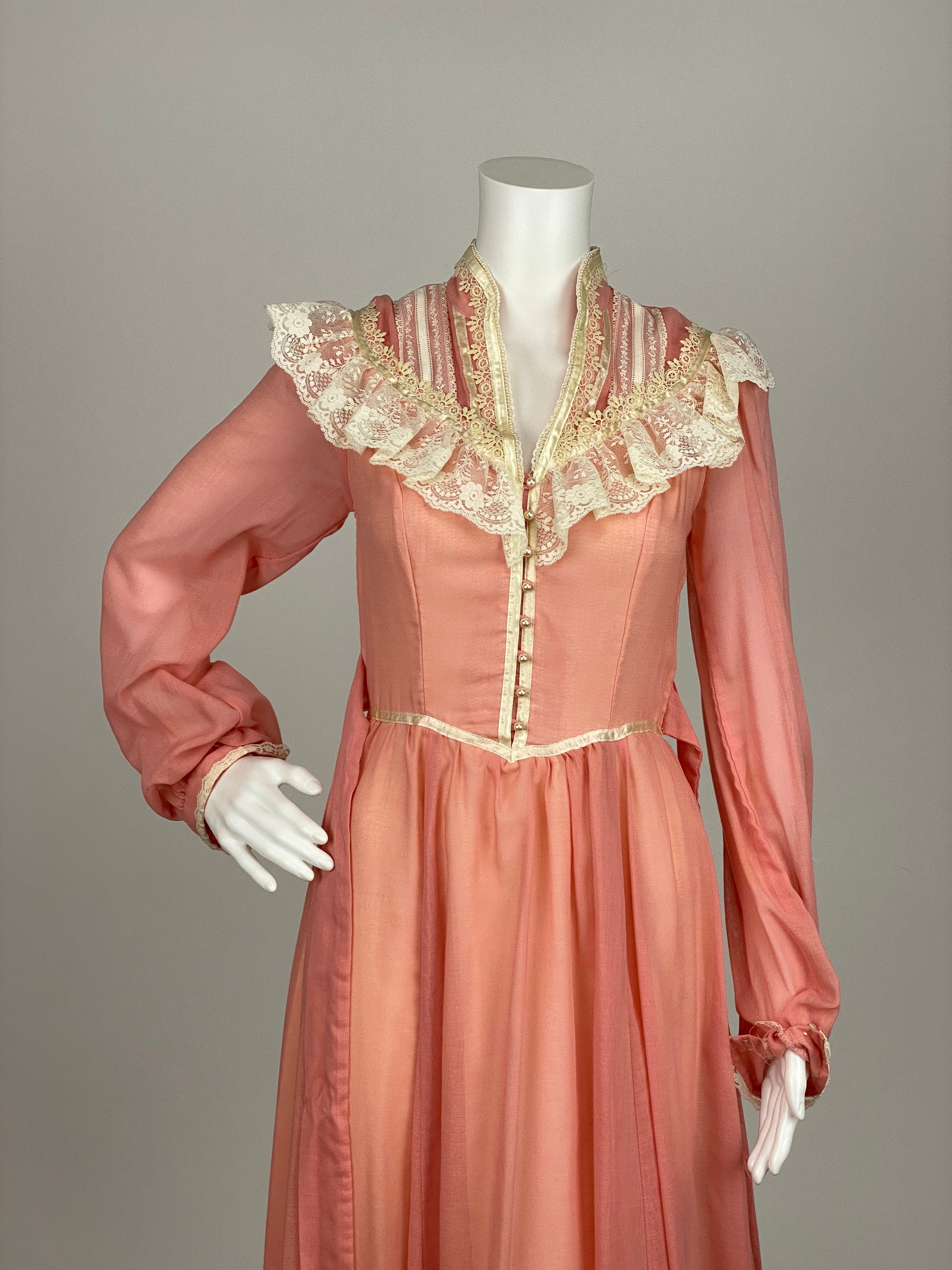 Vintage 1970s Designer Gunne Sax Long Sleeve Pink Duty Rose Dress