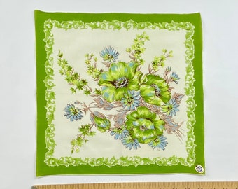 Lime Green Poppy and Daisy Floral Cotton Hanky Hankie Handkerchief Flowers Vintage 1950s