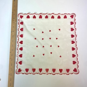 Vintage Valentine&#39;s Day Silk novelty hankie Handkerchief Hanky with Red Flocked Hearts and Scalloped Edges