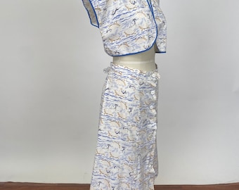 Vintage Handmade 1940s Cotton Tortoise and the Hare Novelty Printed Linen Set Bolero and Skirt Turtle and Rabbit Blue and Orange