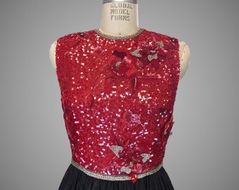 1970s Designer Richilene New York Paris Red Sequined Floral Appliquè Ball Gown Evening Dress