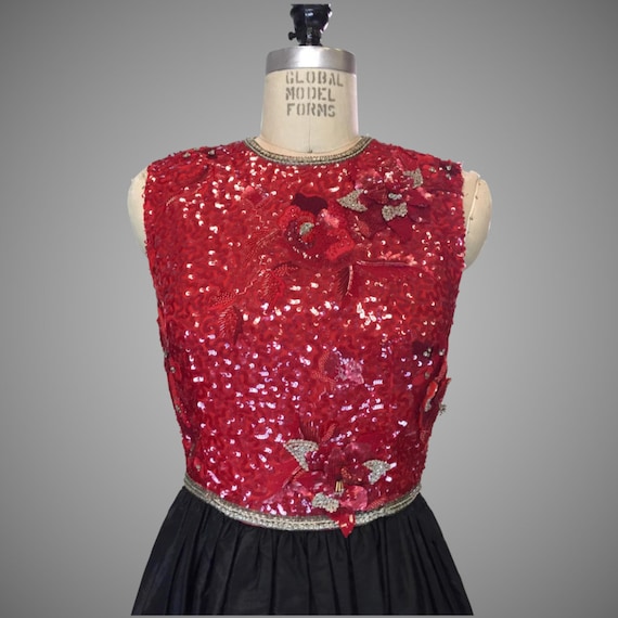 1970s Designer Richilene New York Paris Red Sequined Floral Appliqu Ball Gown Evening Dress